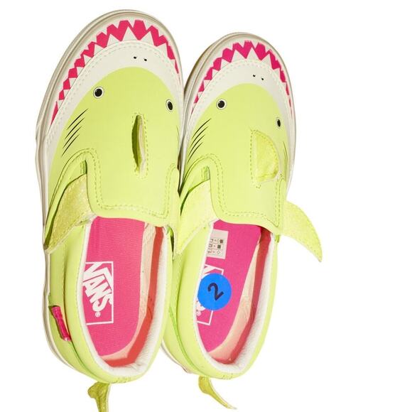Vans Kid Size 2 Shark Slip-On Sneakers Lime Green Pink Sole Novelty Animal Shoes - Picture 6 of 7